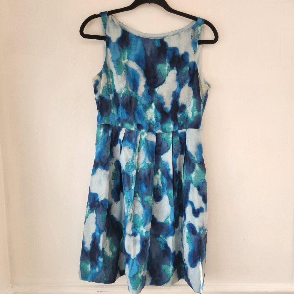 Martin & Osa 100% Silk Watercolor Blue Dress Cocktail Fit and Flare Women's 6